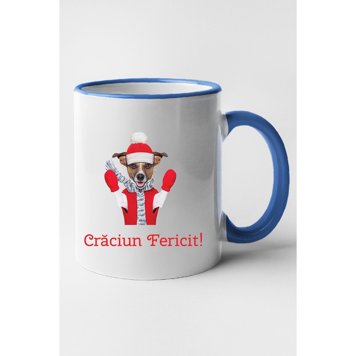 Cana personalizata cu interior albastru, "Craciun Fericit!, modelul 30", 330 ml