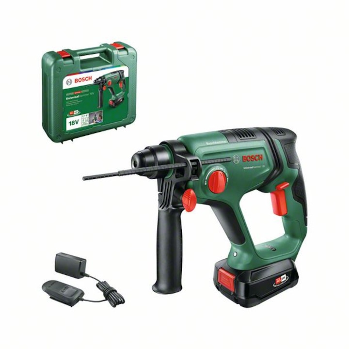 Ciocan rotopercutor cu acumulator Bosch UniversalHammer 06039D6002, 18 V, 2000 RPM, 2 J, mandrina universala SDS plus, limitator adancime, 1 acumulator 2,5 Ah, incarcator, geanta