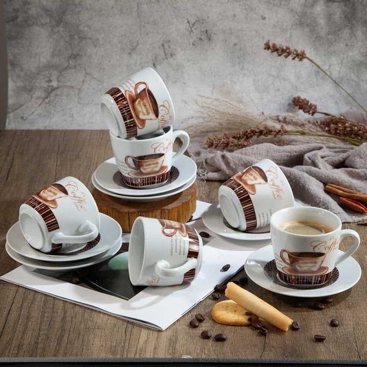 Сервиз за кафе или чай от 6 чаши и 6 чинийки в бяло и кафяво