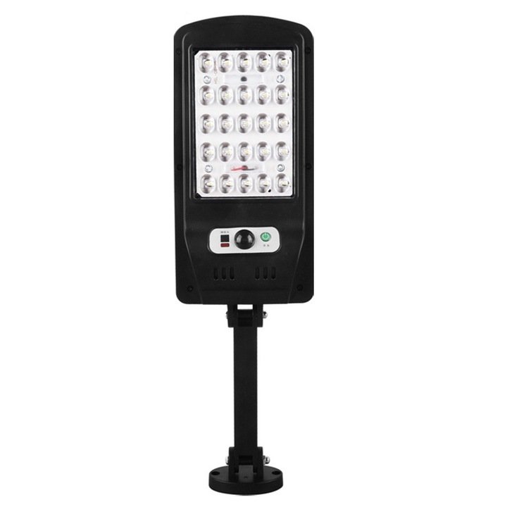 Lampa solara stradala 25 LED, cu senzor de miscare, panou solar incorporat, brat de montare inclus si telecomanda cu functii multiple de setare a intensitatii luminoase si timpului de functionare, model W755-5, Negru, Selling Depot