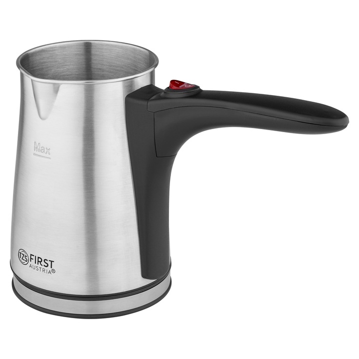 Cafetiera electrica TZS First Austria 0,35L, 800W, Mokkakocher inox, espresor turcesc cu baza rotativa 360°, compacta si portabila