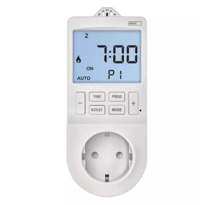 Szobatermosztát konektoros programozható 2 az 1-ben konnektoros, digitális termosztát időzítő funkcióval, schuko időkapcsolós