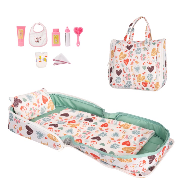 Geanta Pat pentru papusa cu patura, perna si set de 7 accesorii - HappyVk - Model cu inimioare