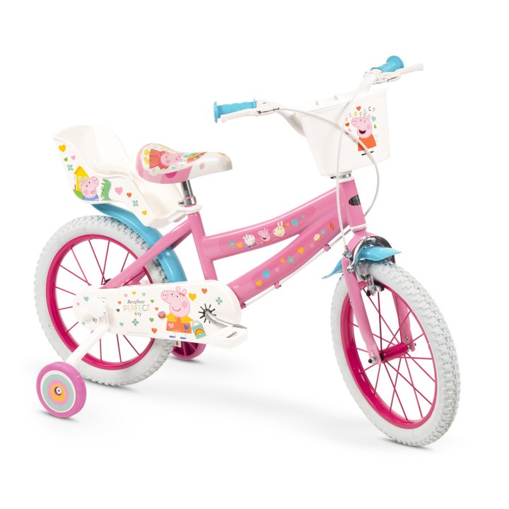 Bicicleta copii Toimsa Peppa Pig Pink 16 inch, cu cosulet frontal si scaunel pentru papusi, de la 5 ani, inaltimea recomandata 110-120 cm, scaun si ghidon reglabile, roti ajutatoare detasabile