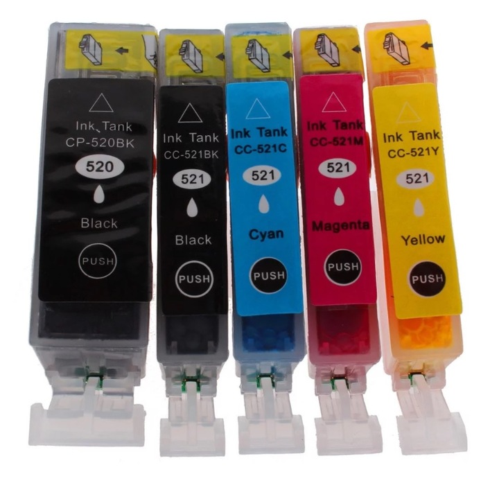 Set 5 bucati cartuse cerneala Graphitek, compatibile Canon PGI520BK CLI521BK CLI521C CLI521M CLI521Y, cu chip, pentru Pixma MP540, MP550, MP560, MX860, MX870, IP 3600