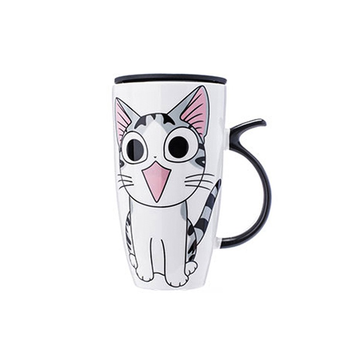 Set Cana de Cafea Ceramica Pisica Kitty cu lingurita si capac XXL 600 ml - Model 1