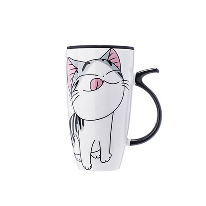 Set Cana de Cafea Ceramica Pisica Kitty cu lingurita si capac XXL 600 ml - Model 2