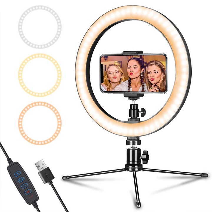 Selfie Stick, Ronyes®, cu lumina LED ring inelara la distanta, 26cm x 20.5cm x 1.6cm, Negru