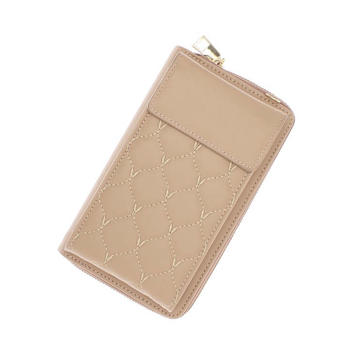 Portofel dama, din piele ecologica, ButicCochet, 18 x11x4, cu broderie, Maro, 18x11x4 cm