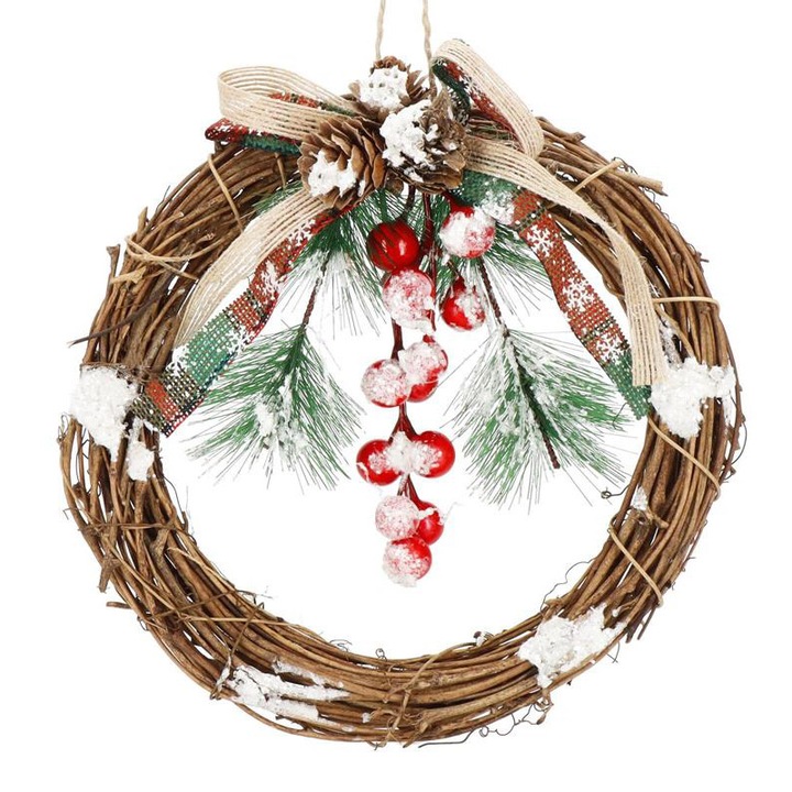 Коледен венец 20см от плетени клонки със сняг, кафяв