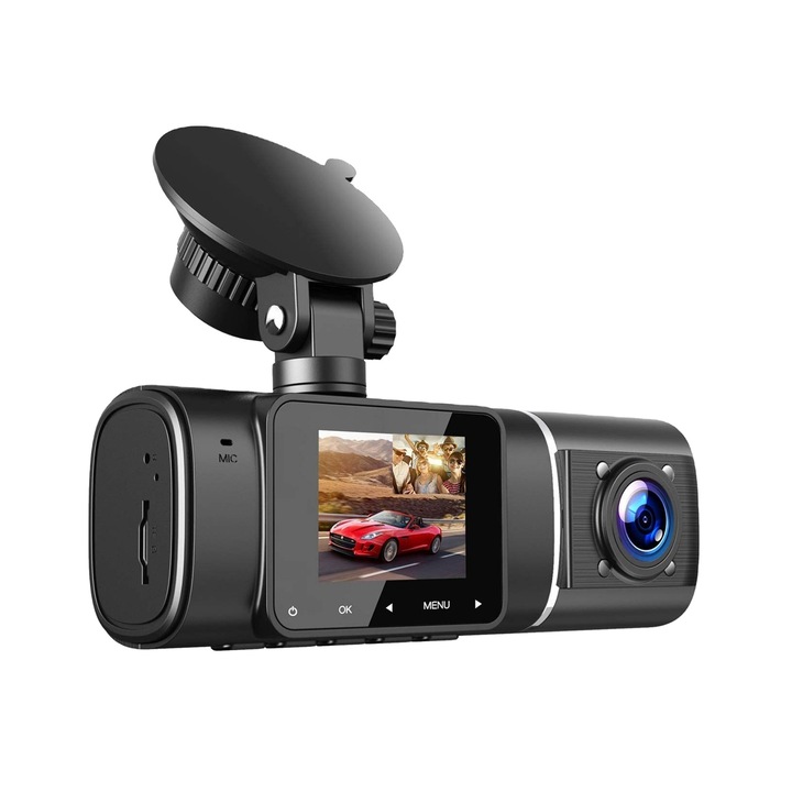 Камера за кола DVR AlexVerity, двойна, Full HD, 1080p резолюция, LCD екран с диагонал 1,5 инча, Нощно виждане, Сензор за гравитация, Циклично записване