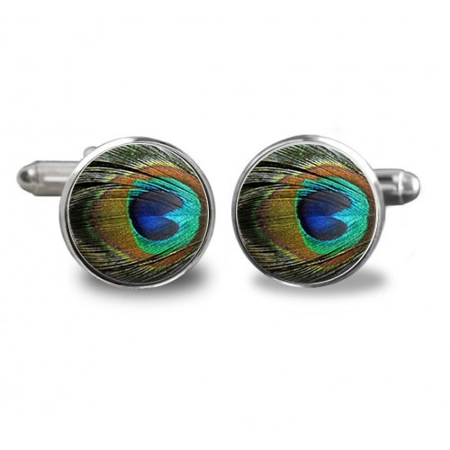 Butoni de camasa rotunzi, personalizati cu pana paun, Argintiu