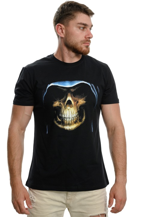 Férfi Printex póló, Koponya mintás kapucnival, Digitális nyomtatás, Fekete