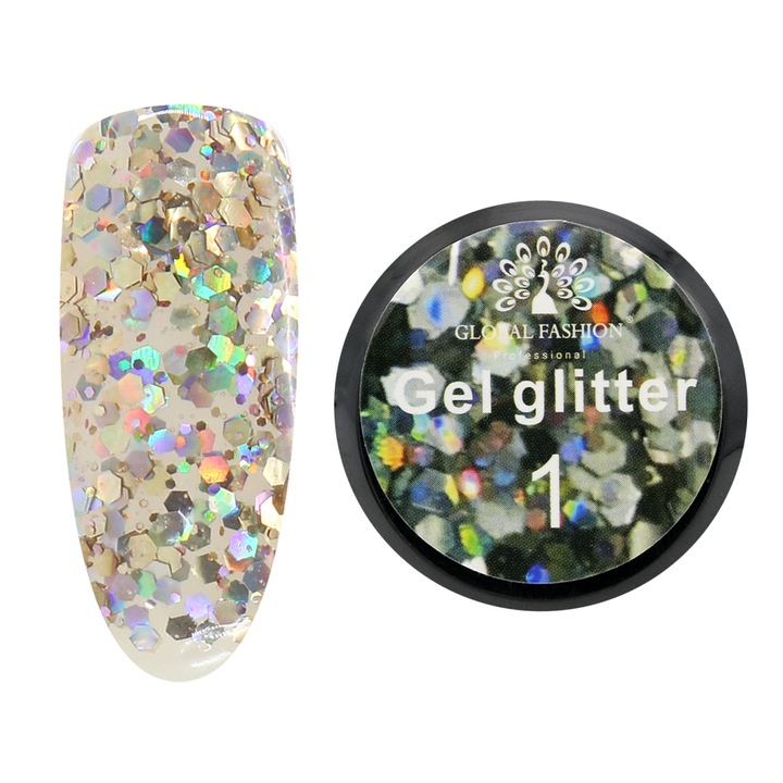 Gel color cu sclipici, Global Fashion, Gel Glitter, 5 gr, Auriu 01