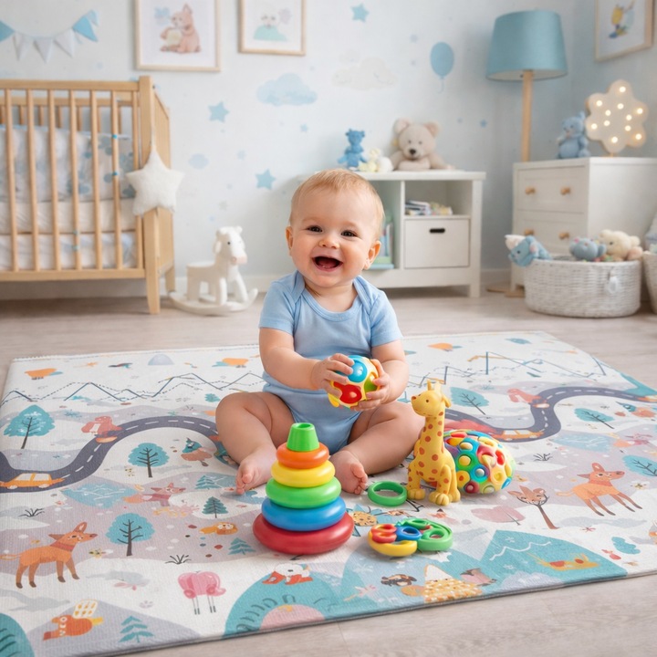 Covoras pliabil First Steps, din spuma cu doua fete IdealStore, Dimensiune 200 X 180 X 1, Termorezistent, Sistem antialunecare, Imprimeuri calde, Usor de intretinut