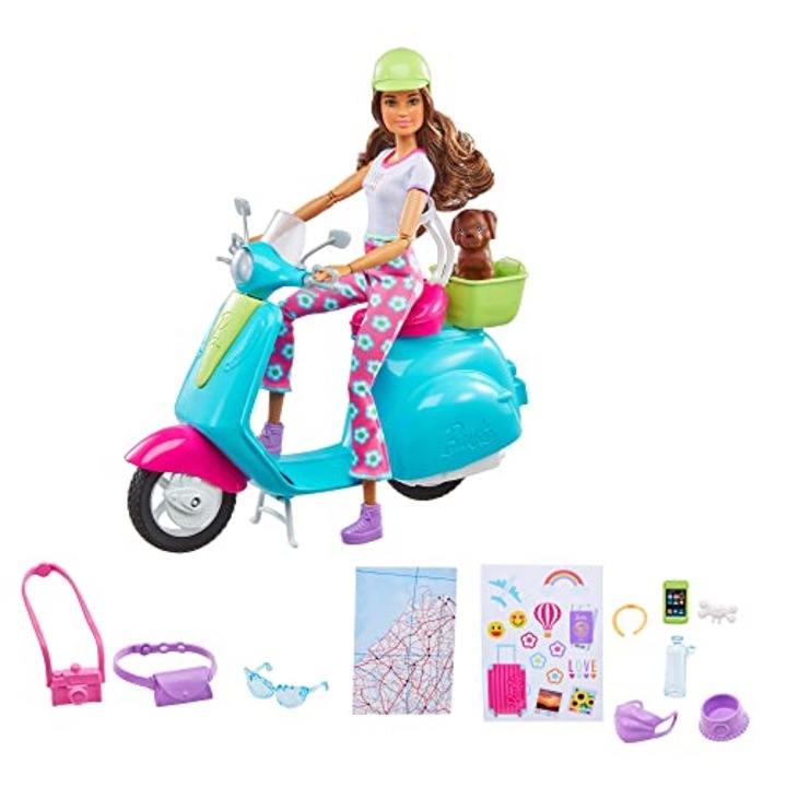 Barbie Fashionistas Travel Playset baba robogóval, kiskutyával és kiegészítőkkel, 4 év felett