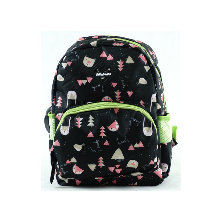 Gyerektáska kisállatos mintával, poliészter, fekete