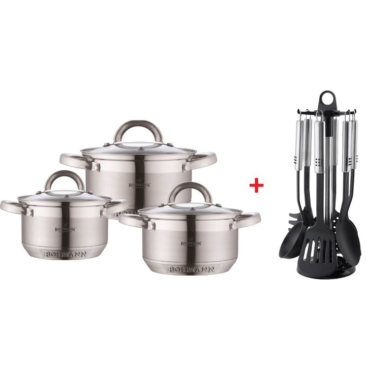 Bohmann Rozsdamentes acél edény készlet, 6 részes, 5.0L, 3.9L 2.9L, 7 réteg, indukciós, üvegsapka és Konyhai szilikon tálaló szett - 7 db