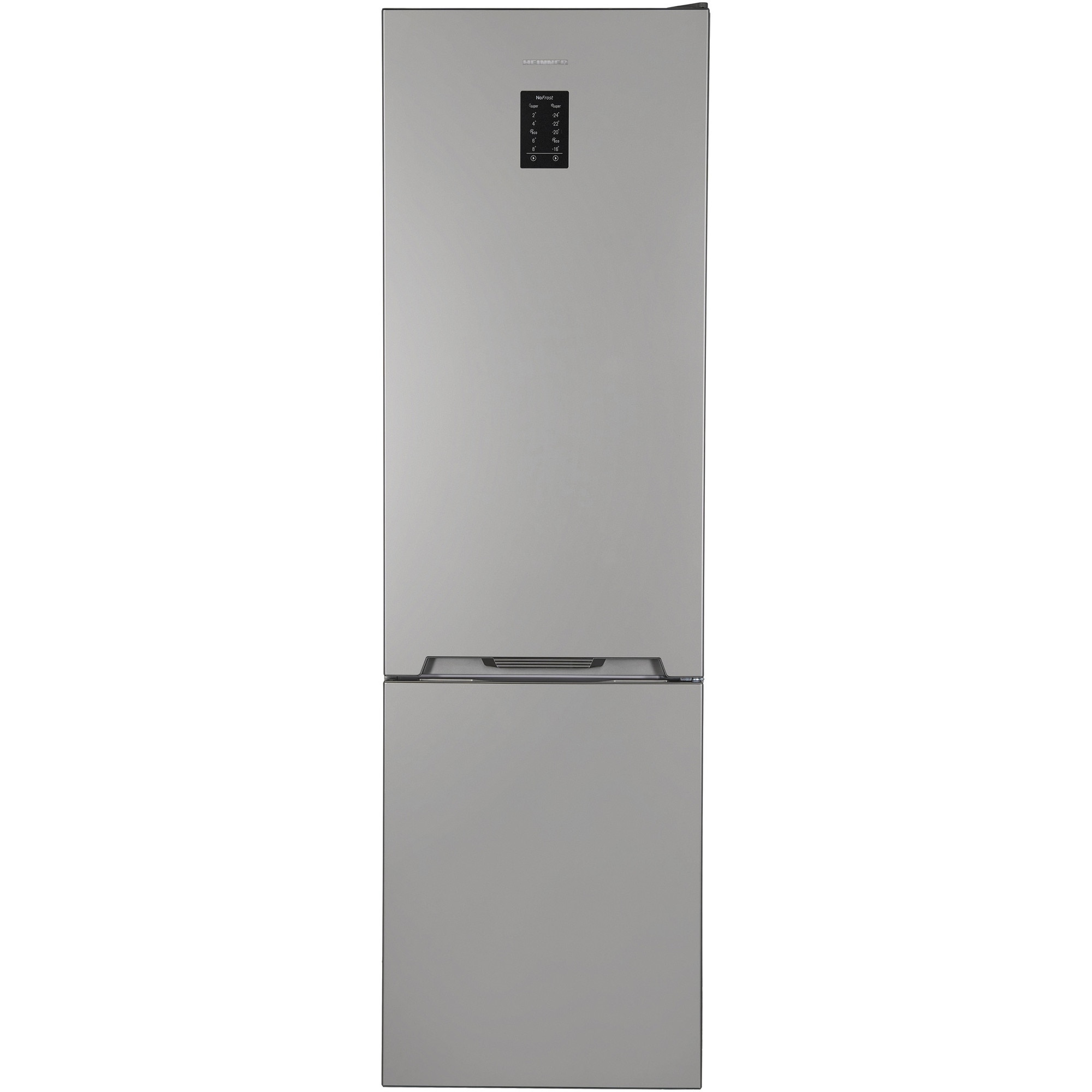 Combina frigorifica Heinner HCNF-V366SE++, 366 l, No Frost, Clasa E, Display, Control electronic, Iluminare LED, Alarma usa deschisa, H 201 cm, Argintiu