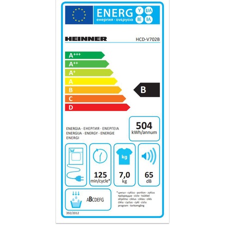 Сушилня Heinner HCD-V702B, Kондензационна, 7 кг, 15 програми, Клас B, LED дисплей, Светлина на барабана, Индикатор за почистване на филтъра за мъх, Заключване за деца, Бял