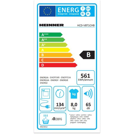 Uscator de rufe Heinner HCD-V8T1CHB, Condensare, 8 kg, 15 programe, Clasa B, Display LED, Lumina cuva, Indicator curatare filtru scame, Blocare acces copii, Alb