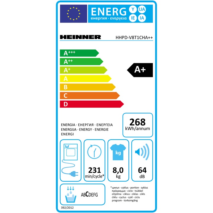 Uscator de rufe Heinner HHPD-V8T1CHA++, Pompa de caldura, 8 kg, 15 programe, Clasa A+/E, Display LED, Lumina cuva, Indicator curatare filtru scame, Indicator rezervor colectare apa plin, Blocare acces copii, Alb