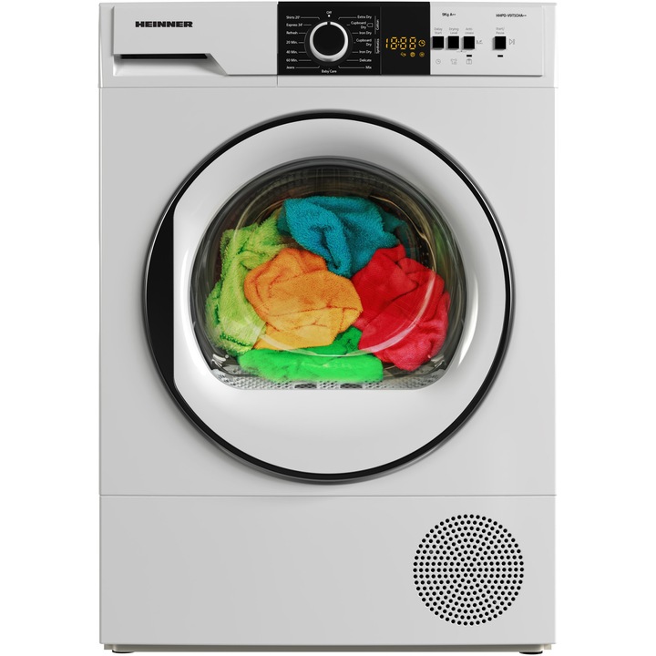 Сушилня с термопомпа Heinner HHPD-V9T1CHA++, 9 кг, 15 програми, Клас E, LED дисплей, Осветеление в барабана, Индикатор за почистване на филтъра за мъх, Индикатор за пълен воден резервоар, Защита от деца, Бял