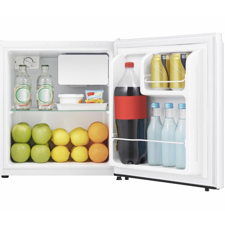 Frigider minibar Heinner HMB-N45F+, 45 l, Clasa F, Control mecanic cu termostat ajustabil, 1 raft din sticla, Usa reversibila, H 50 cm, Alb