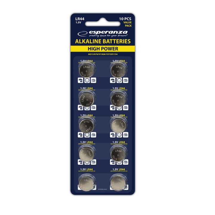 Set 10 baterii alcaline LR44 AG13, Esperanza 95801, tip buton, 1.5V, la blister AG13