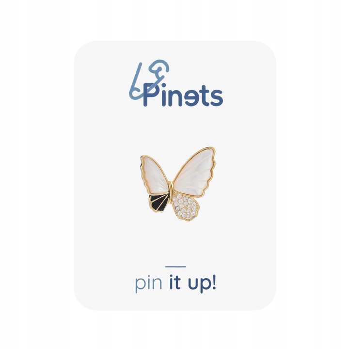 Brosa dama, PINETS, Fluture aurit cu aur de 14 carate umplut cu sidef, Alb-Negru, 2.4 cm x 2.4 cm