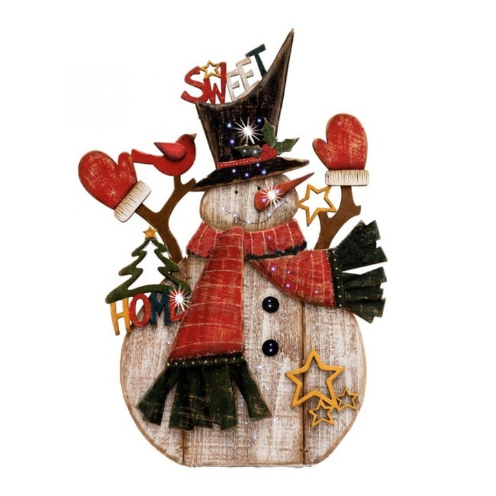 Decor de masa cu LED si fir optic, om de zapada color din lemn, 38,5 x 4 x 55 cm