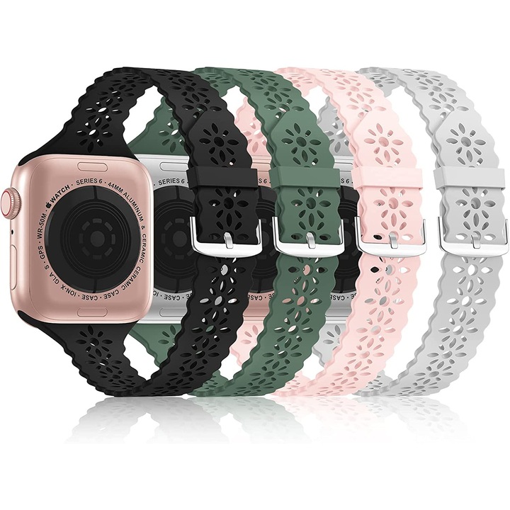 Set 4 curele din femei Sport silicon pentru bratara Apple Watch 1/2/3/4/5/6/7/8/SE, Display 38mm/40mm/41mm, Negru, verde, roz, gri