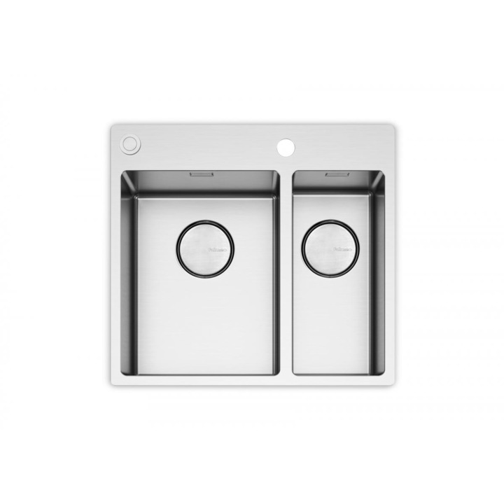 Chiuveta FALMEC GARDA 3118, 2 Cuve, Dimensiune exterioara 555 x 510 mm, Orificiu montaj robinet, AISI 304 otel inoxidabil, Radius 12mm, Supapa de golire automata, Fibra anti-zgomot, Sistem drenaj FALMEC, Instalare flush sau pe blat