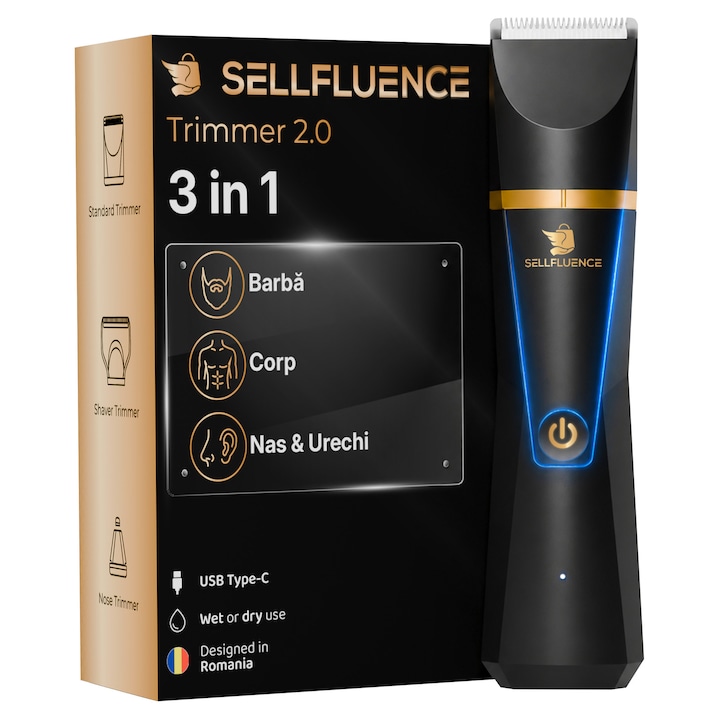 Masina de tuns profesionala 3 in 1 Sellfluence® Trimmer 2.0, masina tuns barba, corp si par, trimmer nas urechi, masina de ras waterproof IPX7, USB-C, viteza motor 7000 RPM, aparat de tuns cu acumulator, masina tuns par
