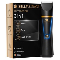 Masina de tuns profesionala 3 in 1 Sellfluence® Trimmer 2.0, masina tuns barba, corp si par, trimmer nas urechi, masina de ras waterproof IPX7, USB-C, viteza motor 7000 RPM, aparat de tuns cu acumulator, masina tuns par