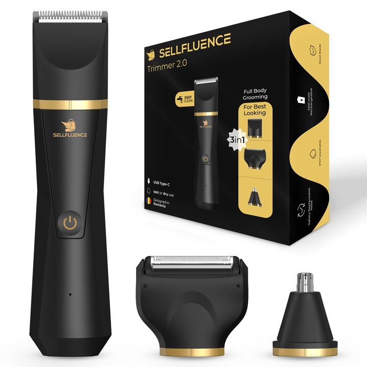Машинка за подстригване и самобръсначка, Sellfluence Trimmer 2.0, мултифункционален 3 в 1, за подстригване, бръснене, нос и контур, за тяло, слабини, брада, нос, USB Type C, водоустойчив, 7000 rpm