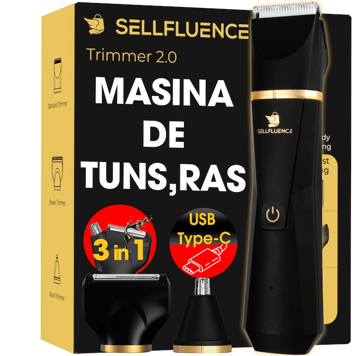 Masina de tuns si aparat de ras, Sellfluence Trimmer 2.0, multifunctional 3 in 1, de tuns, ras, nazal si conturare, pentru corp, inghinal, barba, nas, USB Type C, rezistent la apa, 7000 rpm