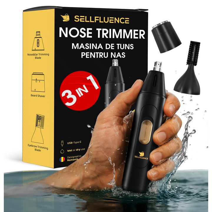 Masina de tuns pentru nas Sellfluence Nose Trimmer 3 in 1, multifunctional, cu cap separat pentru nas, sprancene si ras, rezistent la apa, wireless, 7000 rpm, autonomie 1-1.5h, incarcare USB Type C