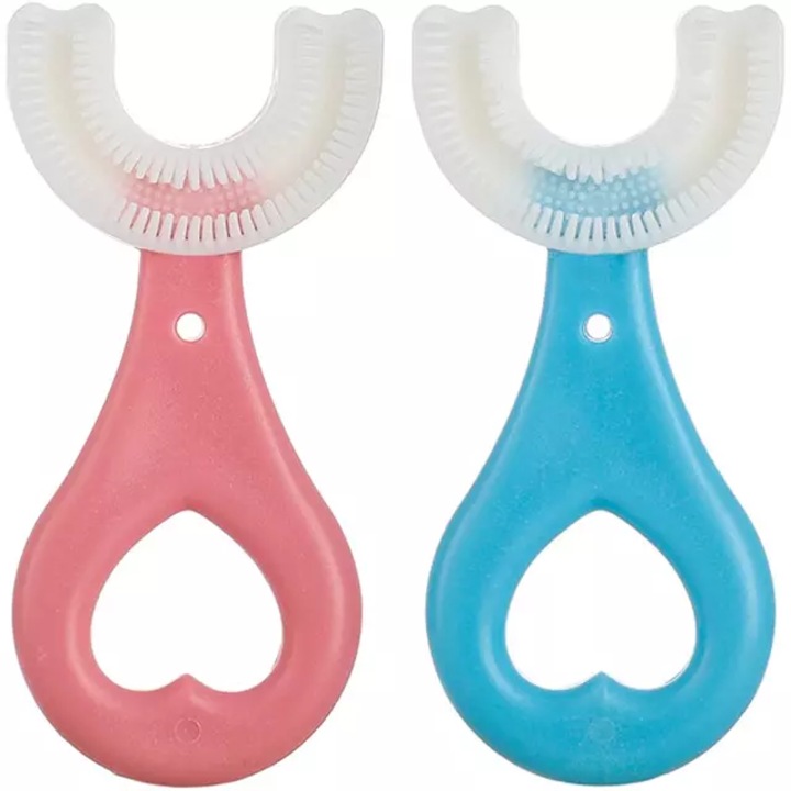Set periute de dinti in forma de U - 2 bucati, pentru copii/bebelusi 2-6 ani, roz/albastru
