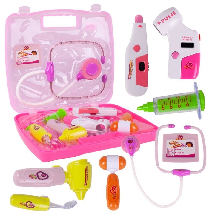 Set de joaca trusa medicala cu sunet si lumini, 9 piese roz Roz