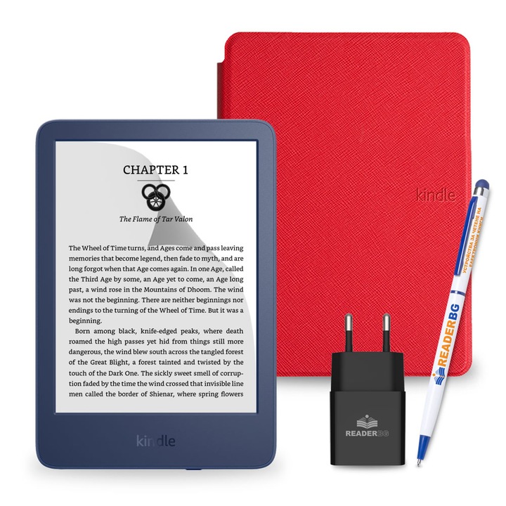 Комплект eBook четец Amazon Kindle 2022 Denim, Червен, 4 части
