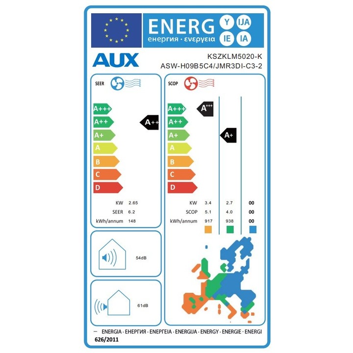 Aer conditionat Inverter AUX GAMMA 2 ASW-H09B5C4/JMR3DI-C3-2 , 9.000 BTU, 2,7 kW, A++/A+, Wi-Fi, Functie incalzire, Ifeel, Turbo racire, Alb