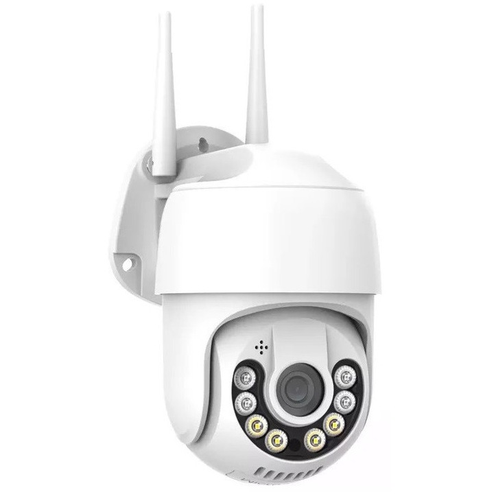 Camera de supraveghere WIFI BabyToy® iC-C1 5MP Exterior/Interior, Ultra HD, 5X Zoom, Conectare/Rotire Telefon, Night Vision Color, Leduri lumina, Alarma, Comunicare Bidirectionala, Stocare Card/Cloud, Senzor miscare, Alb