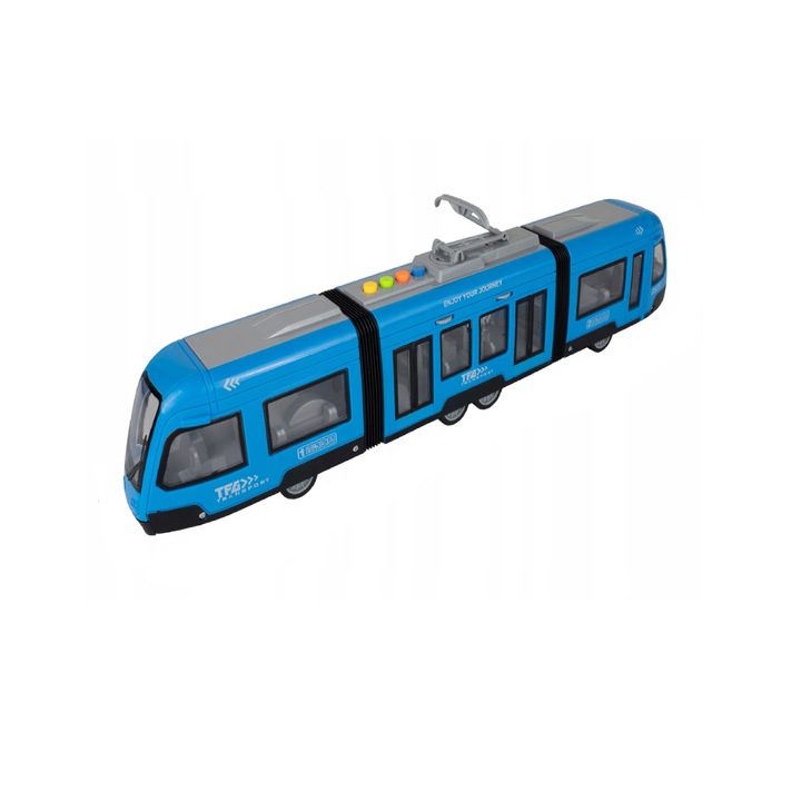 Tramvai interactiv pentru copii, cu efecte sonore si luminoase, usi functionale, tractiune spate si design realist la scara 1:16