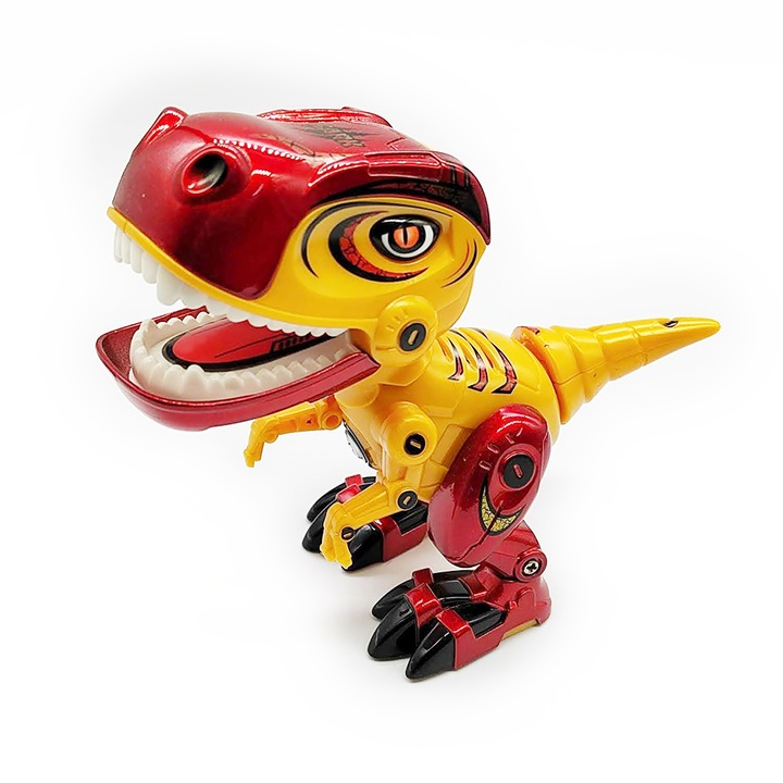 Figurina Dinozaur din Metal si Plastic MY66series, Misca capul si coada, Lumini si sunete realistice, 12cm, galben, VisionXXI
