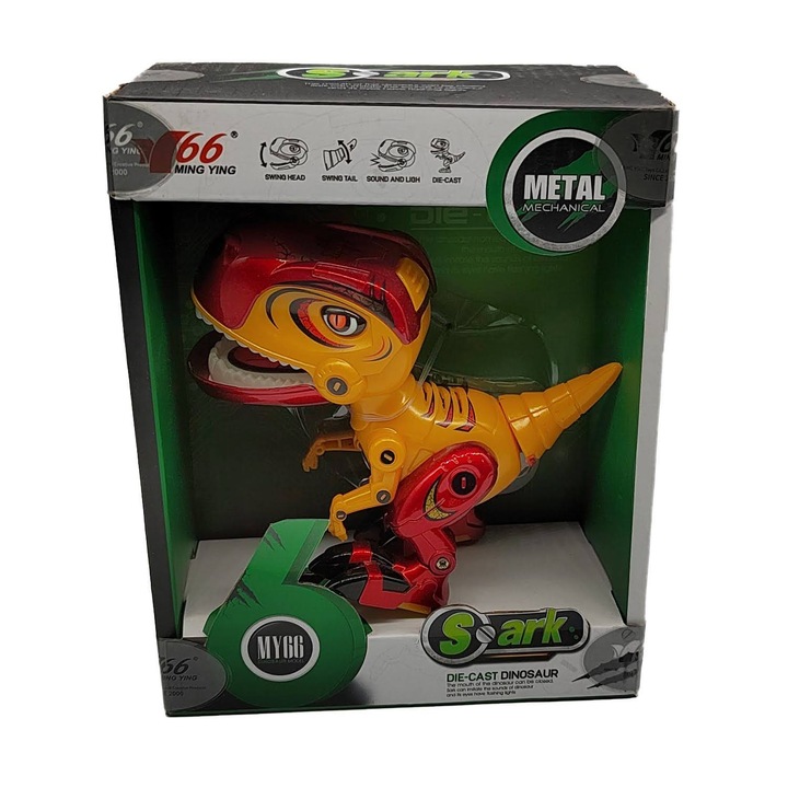 Figurina Dinozaur din Metal si Plastic MY66series, Misca capul si coada, Lumini si sunete realistice, 12cm, galben, VisionXXI