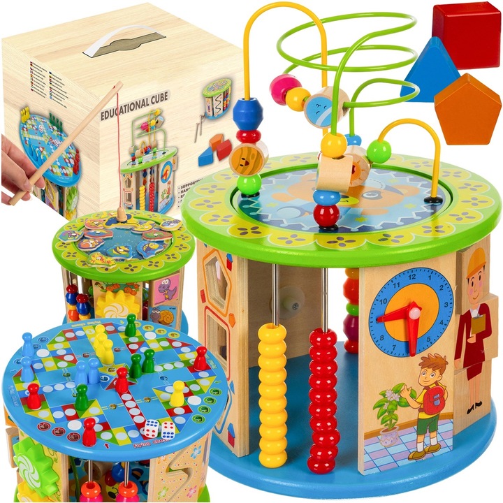 Jucarie multifunctionala interactiva tip Montessori din lemn tip cub ISP "Likesmart Cub 11 in 1", sprijina invatarea si dezvoltarea