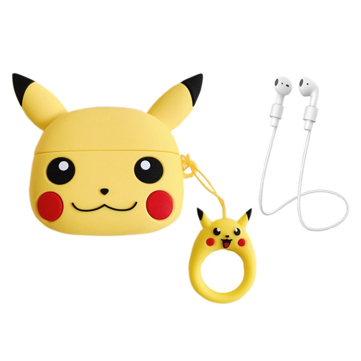 Husa casti Pikachu, Compatibil cu AirPods 1/2, Silicon, Galben