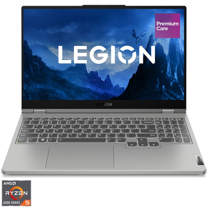 Laptop Gaming Lenovo Legion 5 15ARH7 cu procesor AMD Ryzen™ 5 6600H pana la 4.50 GHz, 15.6", Full HD, IPS, 144 Hz, 16GB, 512GB SSD, NVIDIA GeForce RTX 3050 Ti 4GB GDDR6, No OS, Cloud Grey, 3y on-site Premium Care