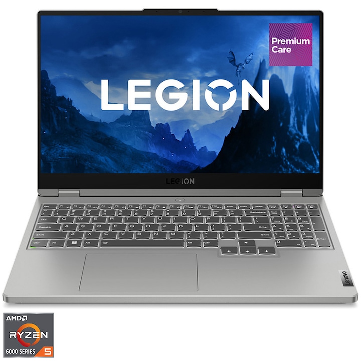 Laptop Gaming Lenovo Legion 5 15ARH7H cu procesor AMD Ryzen™ 5 6600H pana la 4.50 GHz, 15.6", Full HD, IPS, 144 Hz, 16GB, 512GB SSD, NVIDIA GeForce RTX 3060 6GB GDDR6, No OS, Cloud Grey, 3y on-site Premium Care